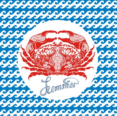 Red cute crab with waves backgroundのイラスト素材