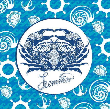 Cute crab on marine symbol backgroundのイラスト素材