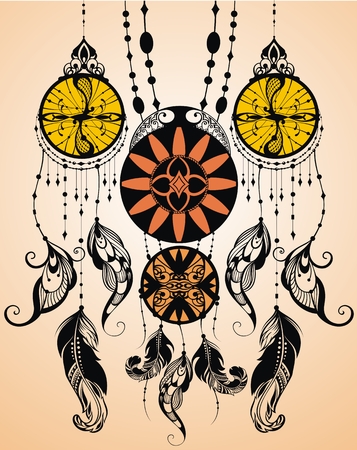 Hand drawn dreamcatcher with feathers and arrow. Vector hipster illustration isolated on white.のイラスト素材
