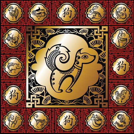 Traditional Chinese calendar with all zodiac animals silhouettesのイラスト素材
