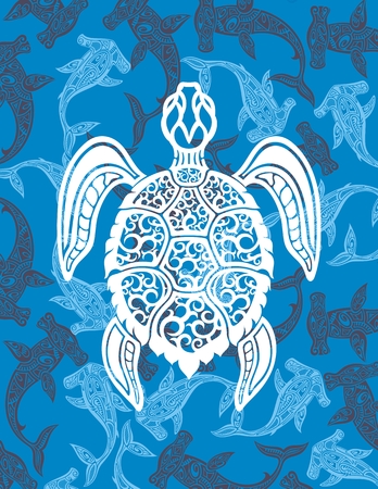 Sea turtle in a traceable illustration and a shark underneath, for decorative tile or frame designのイラスト素材
