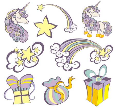 Set of beautiful unicorns with pop art elementsのイラスト素材