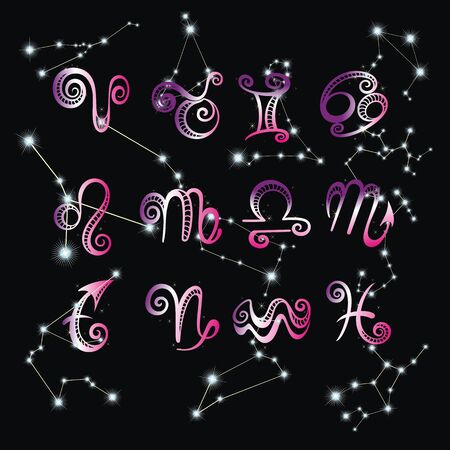 Collection of hand drawn zodiac signs. Vector graphics astrology set on black bacground.のイラスト素材