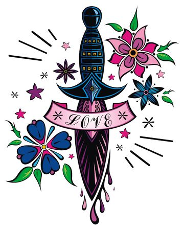 Old school tattoo sword. Vector illustrationのイラスト素材