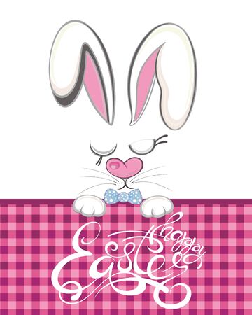 Cute easter bunny vector illustration, face of bunny. Greeting card with Happy Easter writing.のイラスト素材