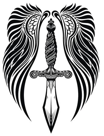 Winged Dagger Black and white illustration of a dagger with wingsのイラスト素材