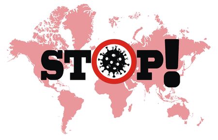Stop COVID-19 concept red world map with stop covid-19 sign