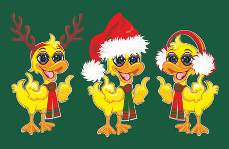 Merry Christmas vector illustration. Xmas lettering with funny ducksのイラスト素材