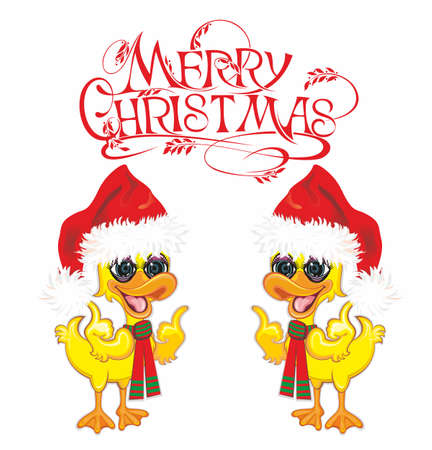 Merry Christmas vector illustration. Xmas lettering with yellow ducksのイラスト素材