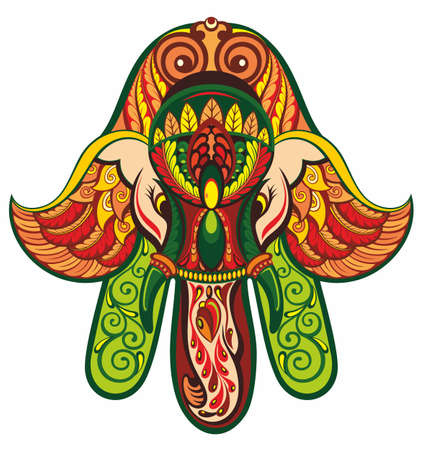Hamsa hand and the elephant image. Hand of Fatima, vector illustrationのイラスト素材