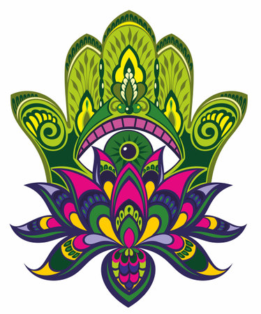 Vector hand drawn hamsa with ethnic ornaments.Lotus symbolのイラスト素材