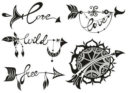 Wild, love, free word in boho arrow - lovely lettering calligraphy quoteのイラスト素材
