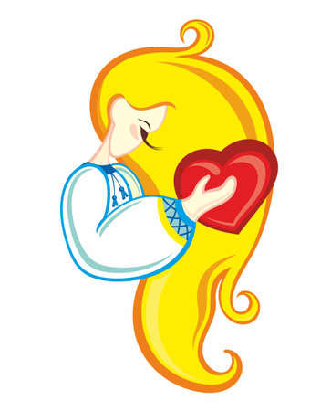 The Ukrainian girl hugs a heart .Ukraine. "stay with Ukraine" concept. Support for Ukraine. no war. Ukraine in the heart. Support against fighting. stock vector illustration.のイラスト素材