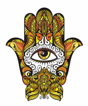 Hand drawn boho hamsa hand. Colorful background, lacy pattern, design element, raster sketch illustrationのイラスト素材