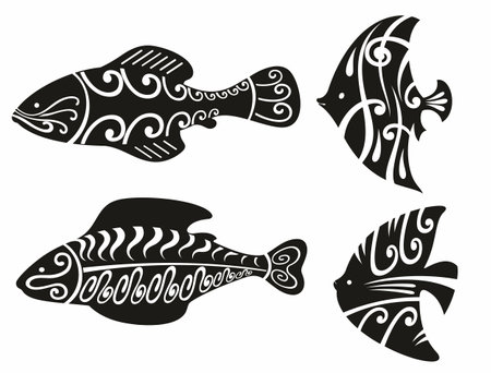 Tribal ocean fish. Collection of ethnic tropical ocean underwater fishes. Polynesian marine inhabitants. Tattoo. Vector illustration of Hawaiian fish on a white backgroundのイラスト素材