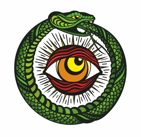 Tattoo of All Seeing Eye inside Snake Knot. Hand drawn Masonic Symbol on white background. vector illustration.のイラスト素材