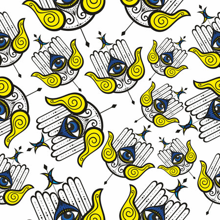 Seamless arabic hamsa hand of fatima illustration background pattern in vectorのイラスト素材