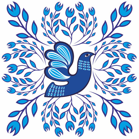 Vintage bird and foliage. Floral abstract poster with monochrome animals and leaves in contemporary style. Pattern for fabric and textile design. Cartoon flat vector illustrationのイラスト素材