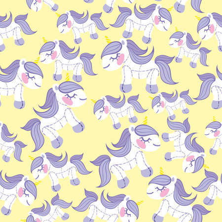 Unicorn. Vector seamless pattern with cute unicorns on yellow backgroundのイラスト素材