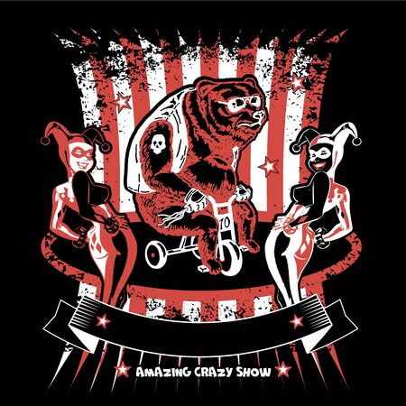 Brutal bear in the circus. Bear on a bike. Biker bear. Moto in the circus. Sexy clowns girls. Circus ring.のイラスト素材