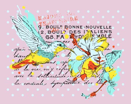 Colorful Hummingbird with hibiscus flower.Hand-drawn.Watercolor.Paint splashes.のイラスト素材