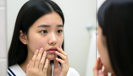 Young asian woman looking in the mirror and applying make up.の素材