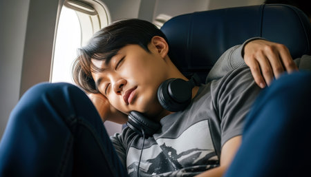 Young Asian man sleeping on airplane seat and listening to music with headphonesの素材