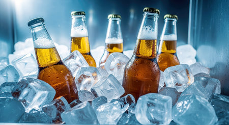 Cold beer bottles with ice cubes in a bar. Selective focus.の素材