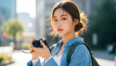 beautiful asian woman holding camera and looking at camera in cityの素材