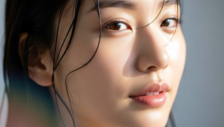 Beautiful asian woman face closeup. Portrait of beautiful asian woman with clean fresh skin.の素材