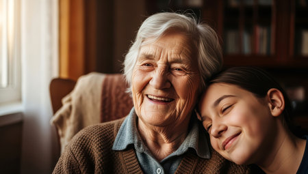 Portrait of smiling senior woman with her granddaughter sitting on sofa at homeの素材