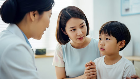 asian mother and daughter looking at each other while doctor examining childの素材