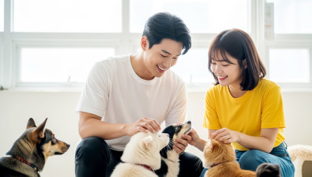 Happy asian young couple playing with cute dog in living room at homeの素材