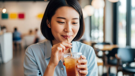 Young asian woman drinking iced tea in a coffee shop.の素材