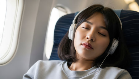 Asian woman listening to music on the airplane. Airplane travel concept.の素材