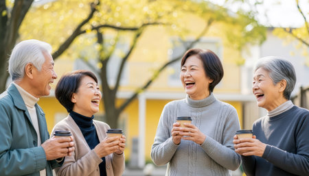 Happy asian senior people drinking coffee in the park. Elderly people lifestyle concept.の素材