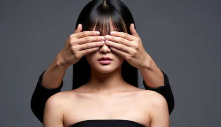 Portrait of a beautiful young Asian woman covering her eyes with handsの素材