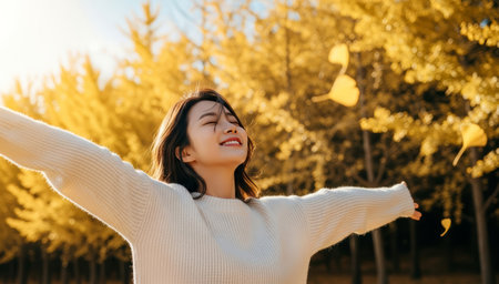 happy asian woman with closed eyes in autumn park on sunny dayの素材