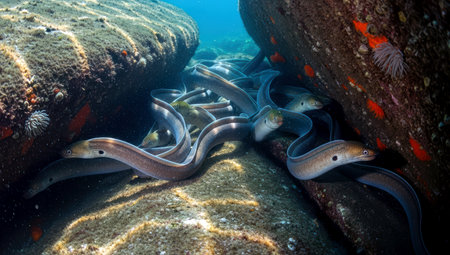Moray eel (Gymnothorax moray) on a tropical coral reefの素材