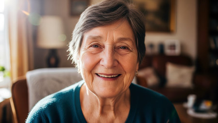Portrait of smiling senior woman at home. Mature lady looking at camera.の素材