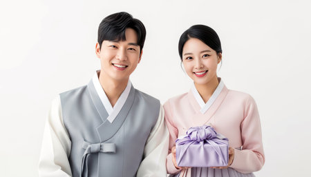 Portrait of a young korean couple wearing hanbok holding a gift boxの素材