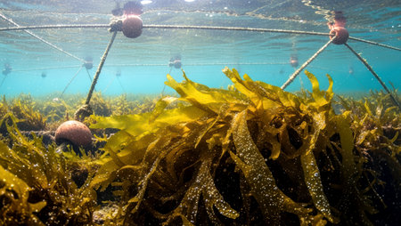 Underwater view of seaweed with man on a bridge in the seaの素材