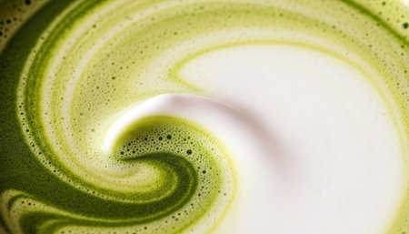 close up of green tea latte art on white background with copy spaceの素材