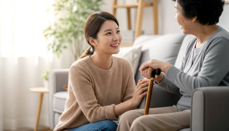 Smiling asian woman and man sitting on sofa and holding walking stickの素材