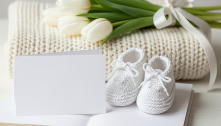 Cute white baby booties, white tulips and greeting card.の素材