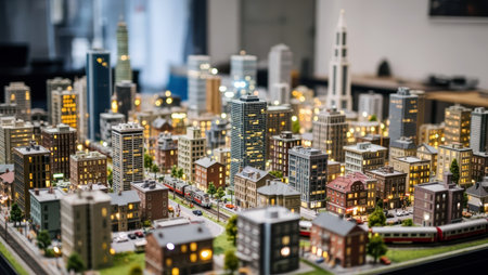 Miniature city with buildings and skyscrapers in the background.の素材