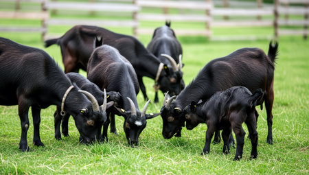 Herd of black goats grazing in a meadow on a sunny dayの素材