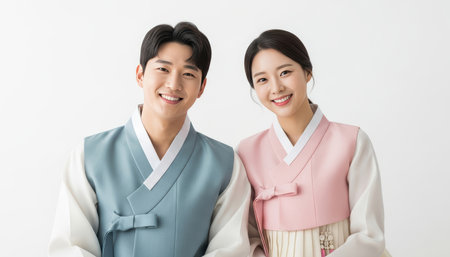 Portrait of a happy young korean couple wearing hanbok isolated on a white backgroundの素材