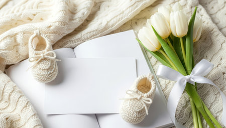 Bouquet of white tulips, white knitted plaid, white shoes and card with copy spaceの素材