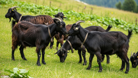 Herd of goats grazing on a green meadow in the mountainsの素材